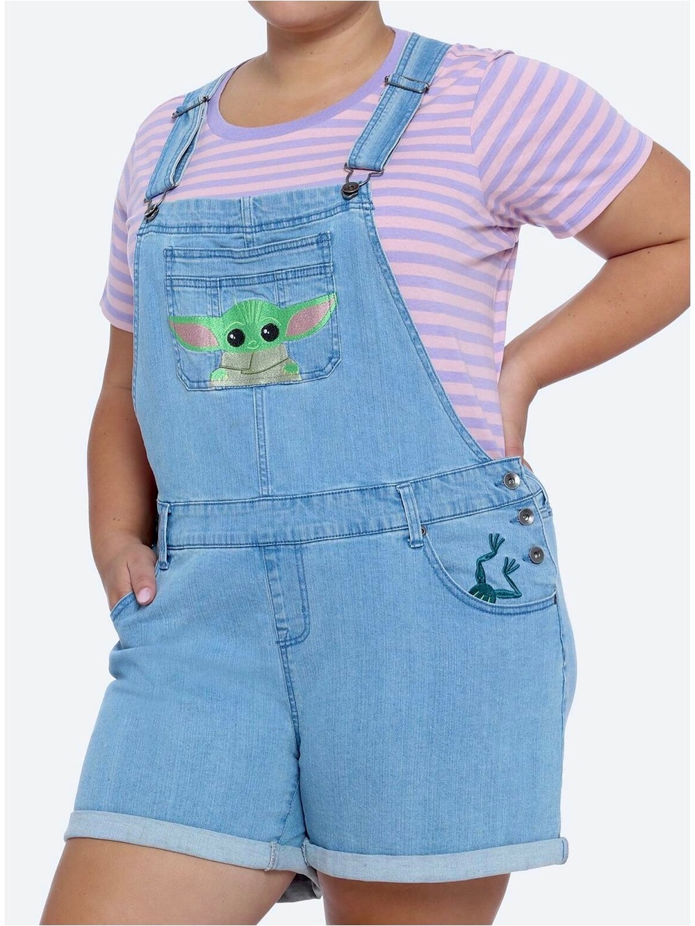 Her Universe Star Wars Light wash Blue Denim Grogu Shortalls women’s size L